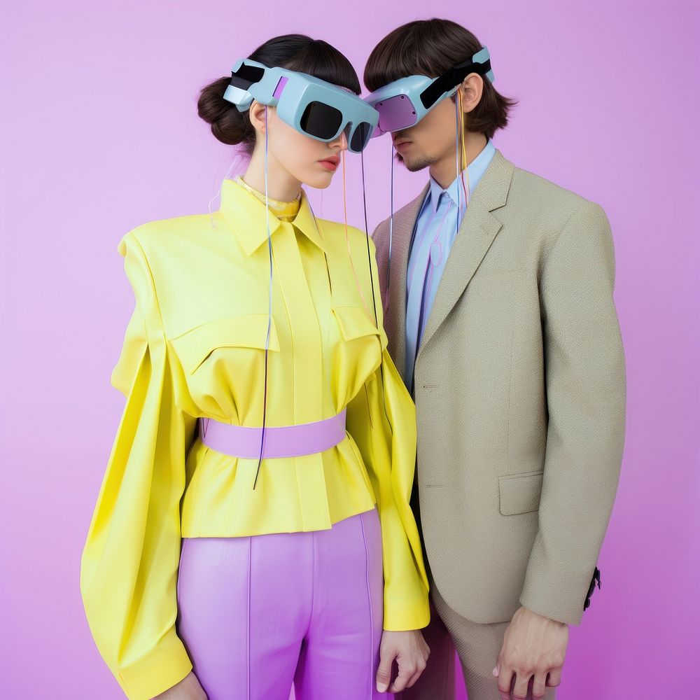 Photograph of couple dating wearing futuristic virtual reality glasses accessories sunglasses accessory.