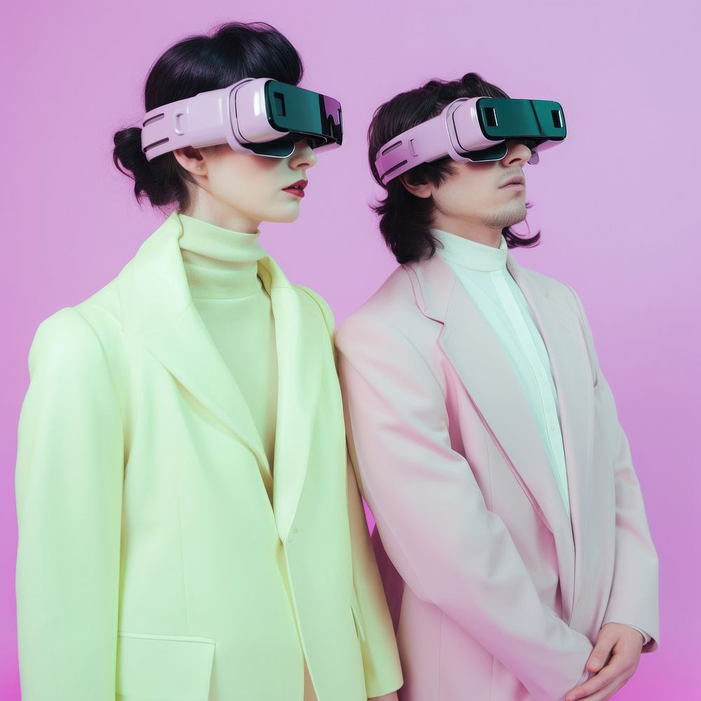 Photograph of couple dating wearing futuristic virtual reality glasses accessories photography accessory.