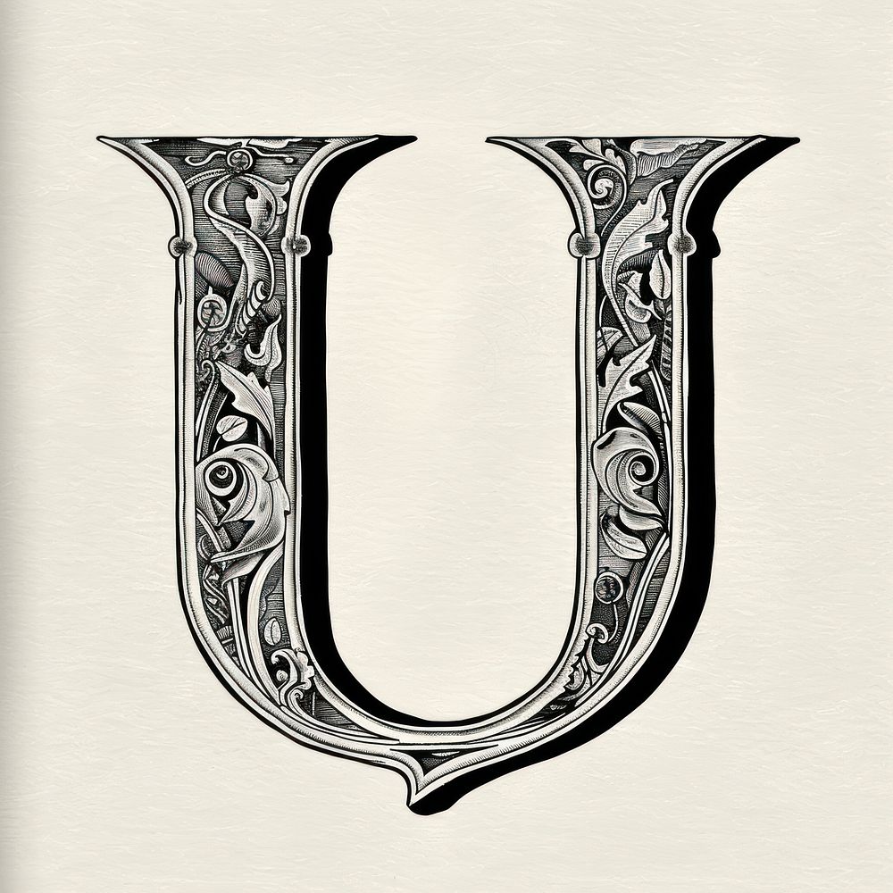 U letter alphabet art horn text.