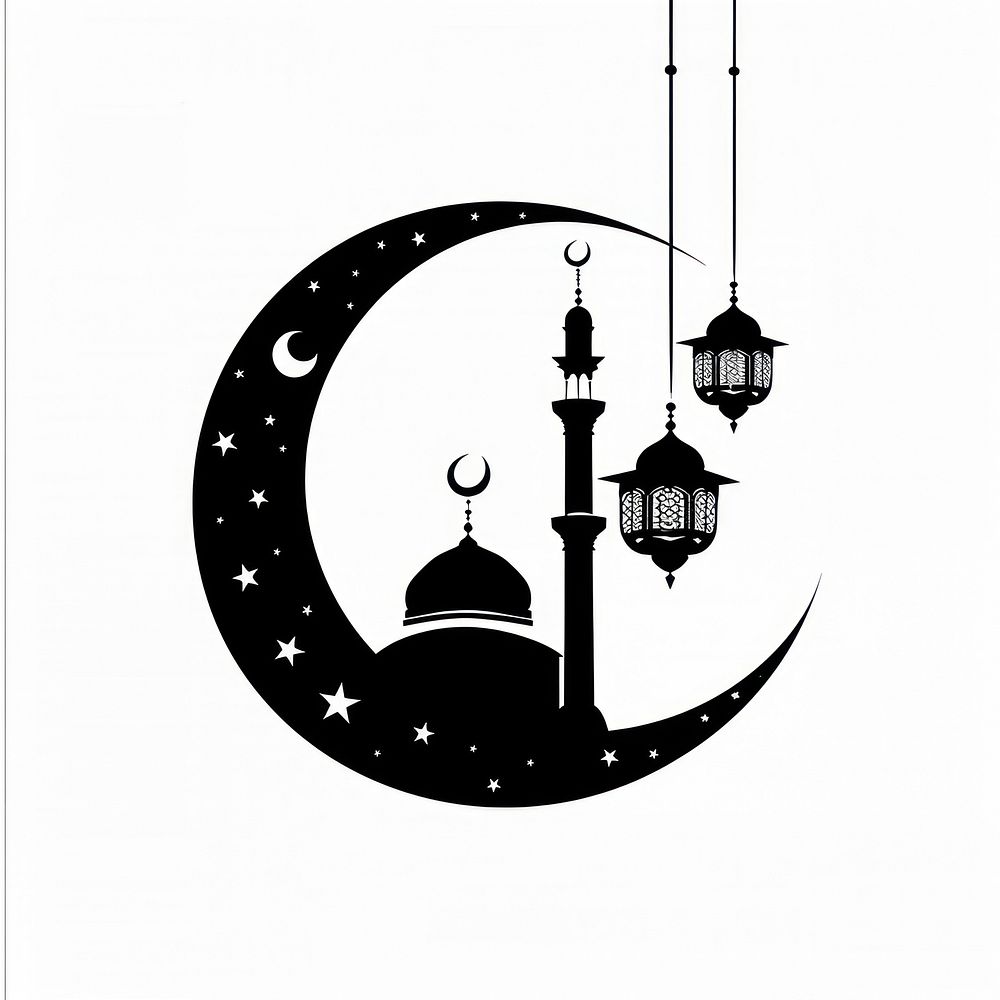 Crescent moon with mosque chandelier stencil symbol.