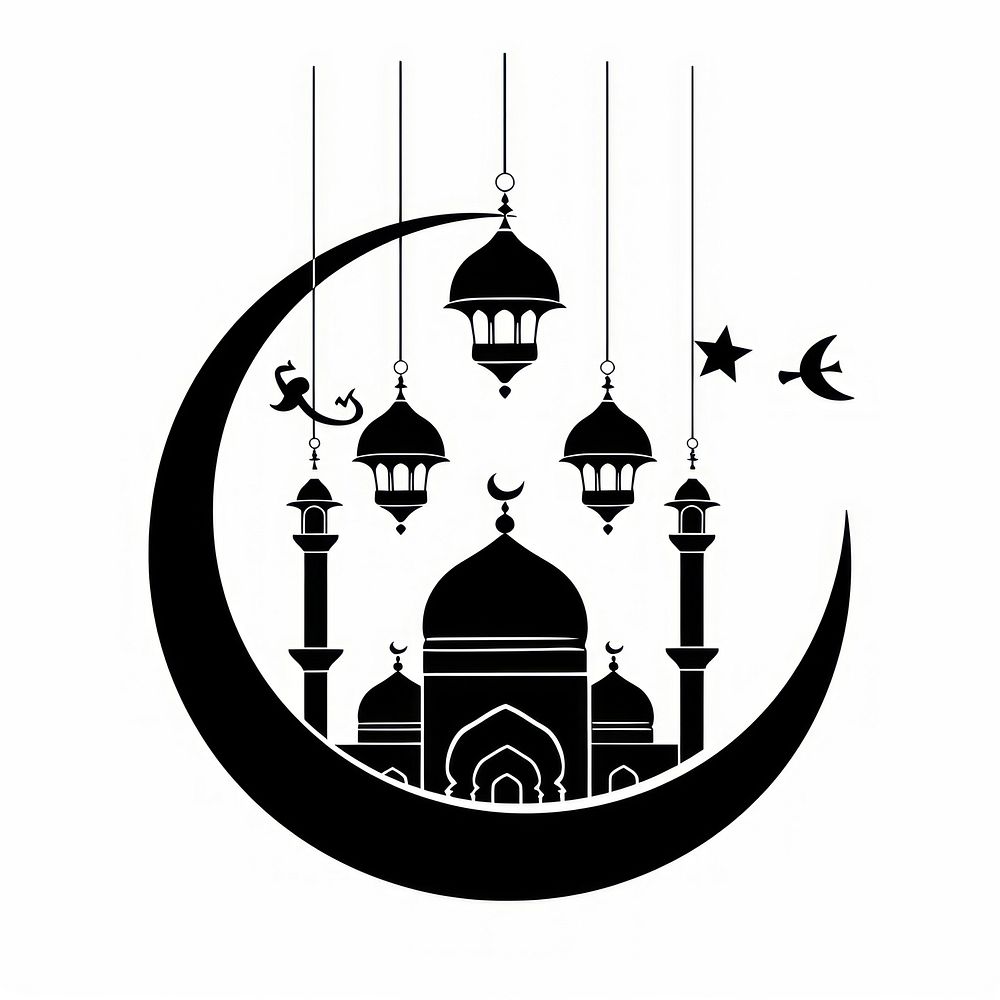 Crescent moon with mosque chandelier stencil symbol.