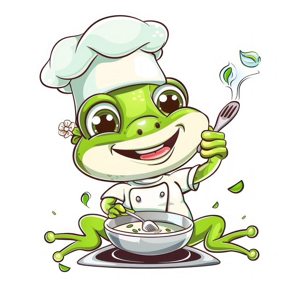 Cute cartoon frog character illustrated cutlery drawing.