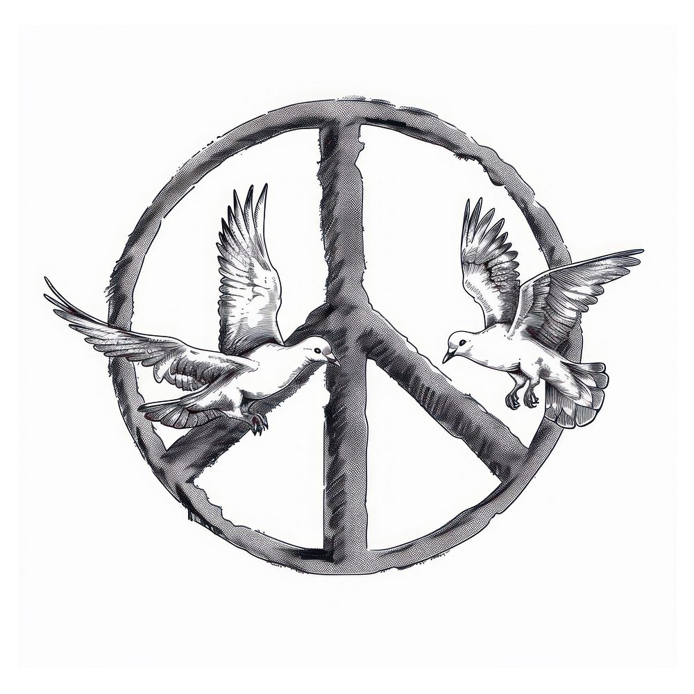 Doves inside Peace Sign Shape symbol emblem animal.