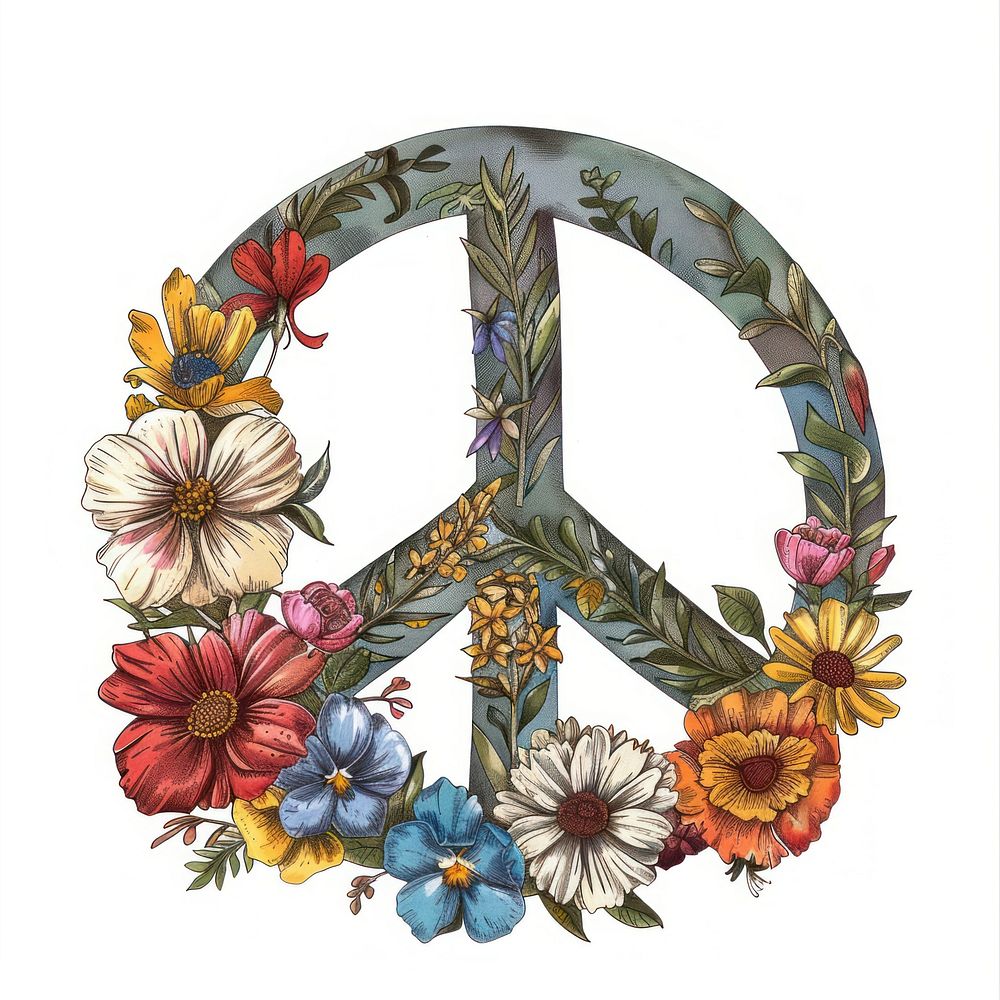 Floral inside Peace Sign Shape asteraceae embroidery graphics.
