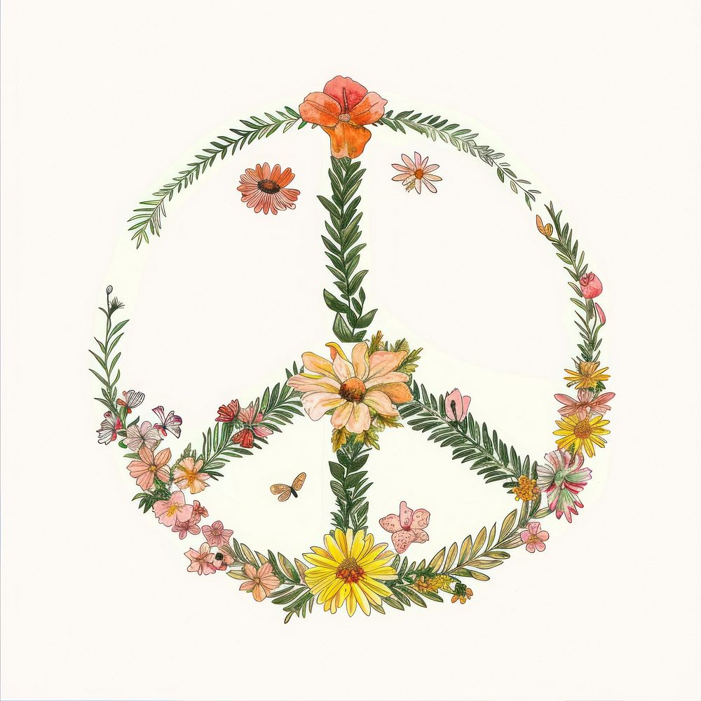 Floral inside Peace Sign Shape embroidery graphics pattern.