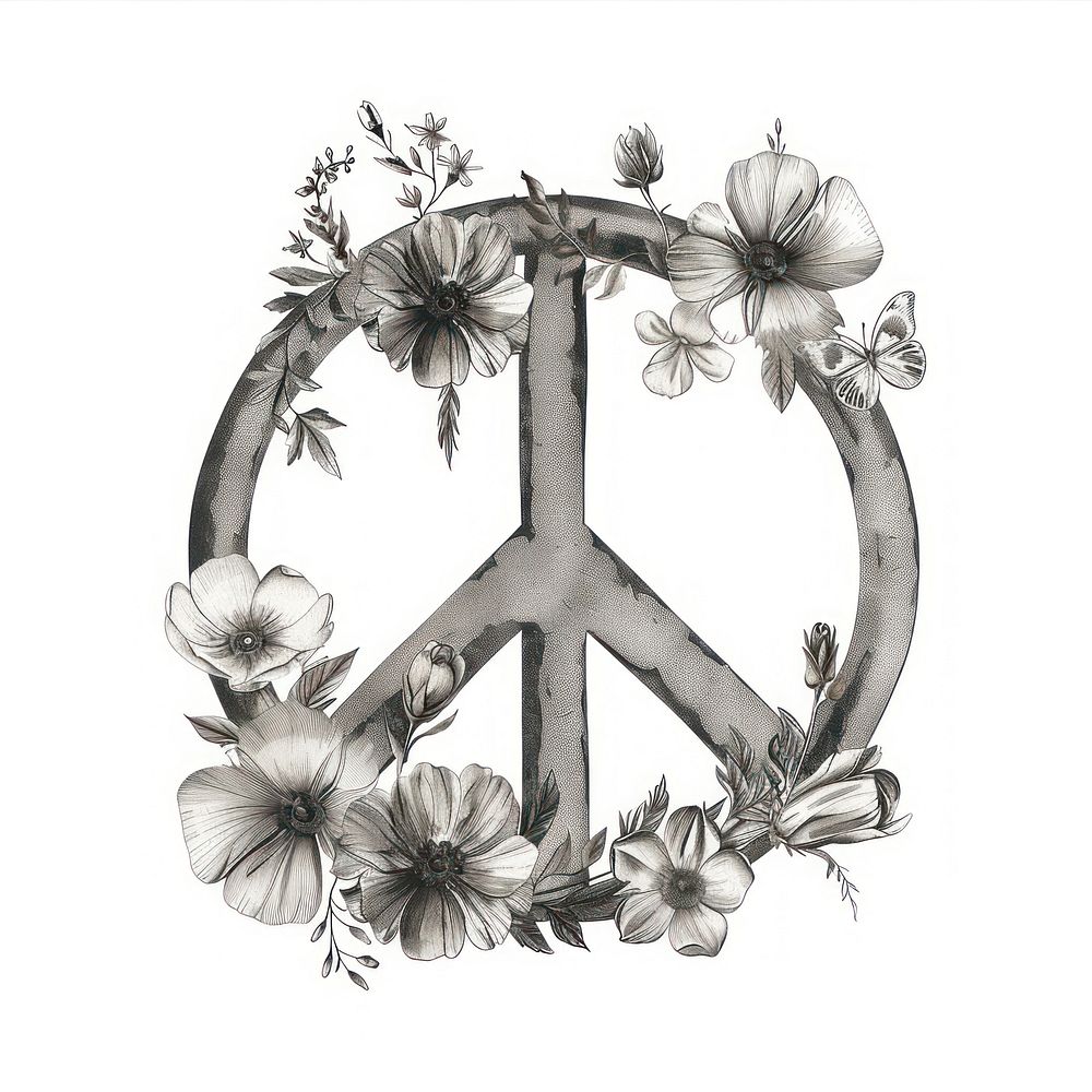 Floral inside Peace Sign Shape illustrated drawing blossom.