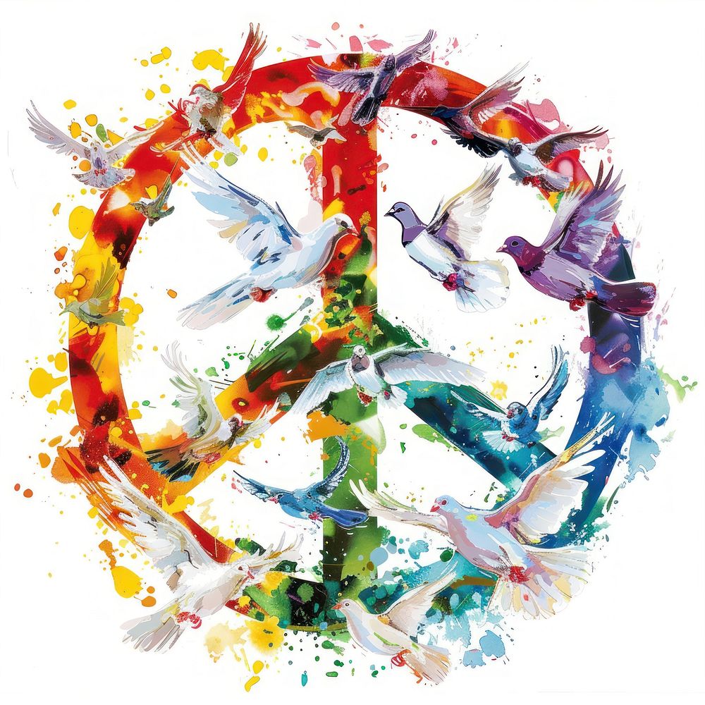 White Doves inside Peace Sign Shape graphics painting collage.