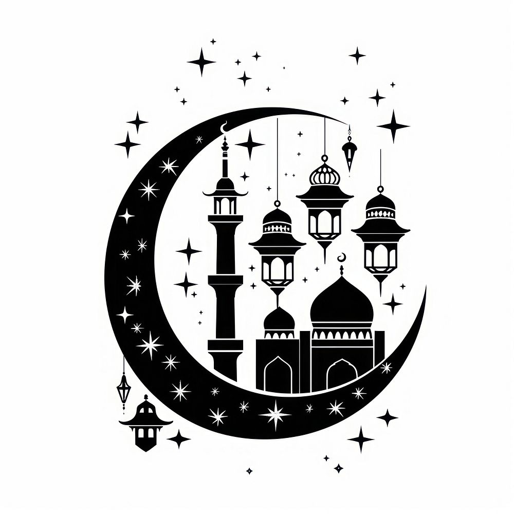 Illustration of Crescent moon with lanterns chandelier symbol emblem.
