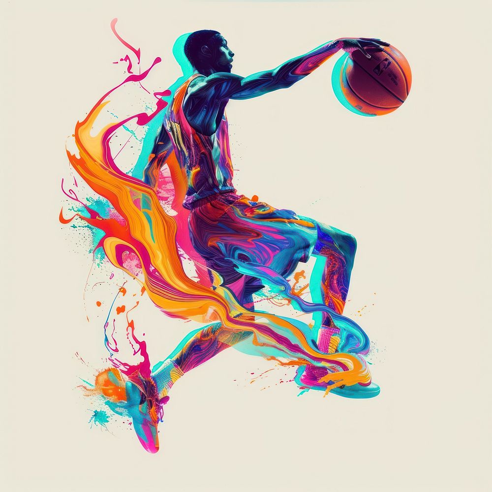 A colorful acrylic stroke top with basketball athlete element overlay abstract sports art.