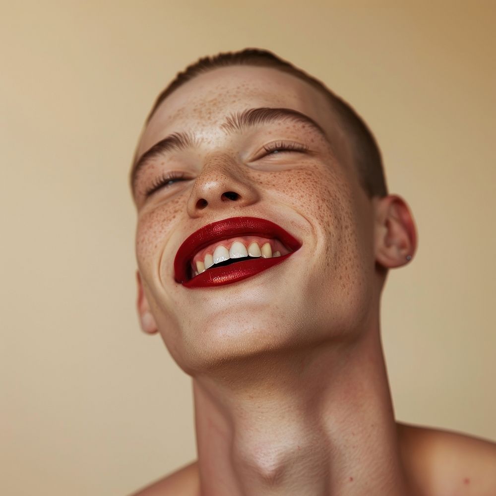 Happy man with deep red lips smile laughing person.