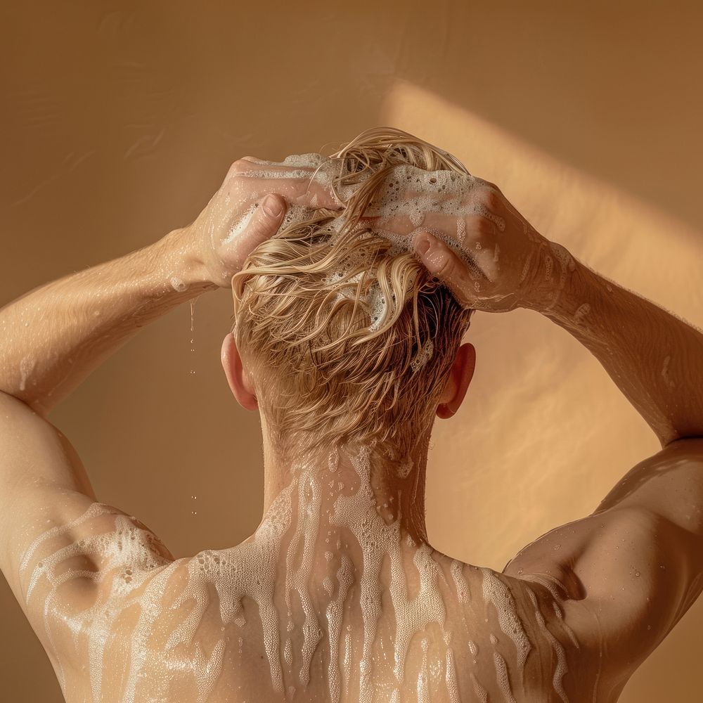 Man washing his blonde hair indoors bathing person.