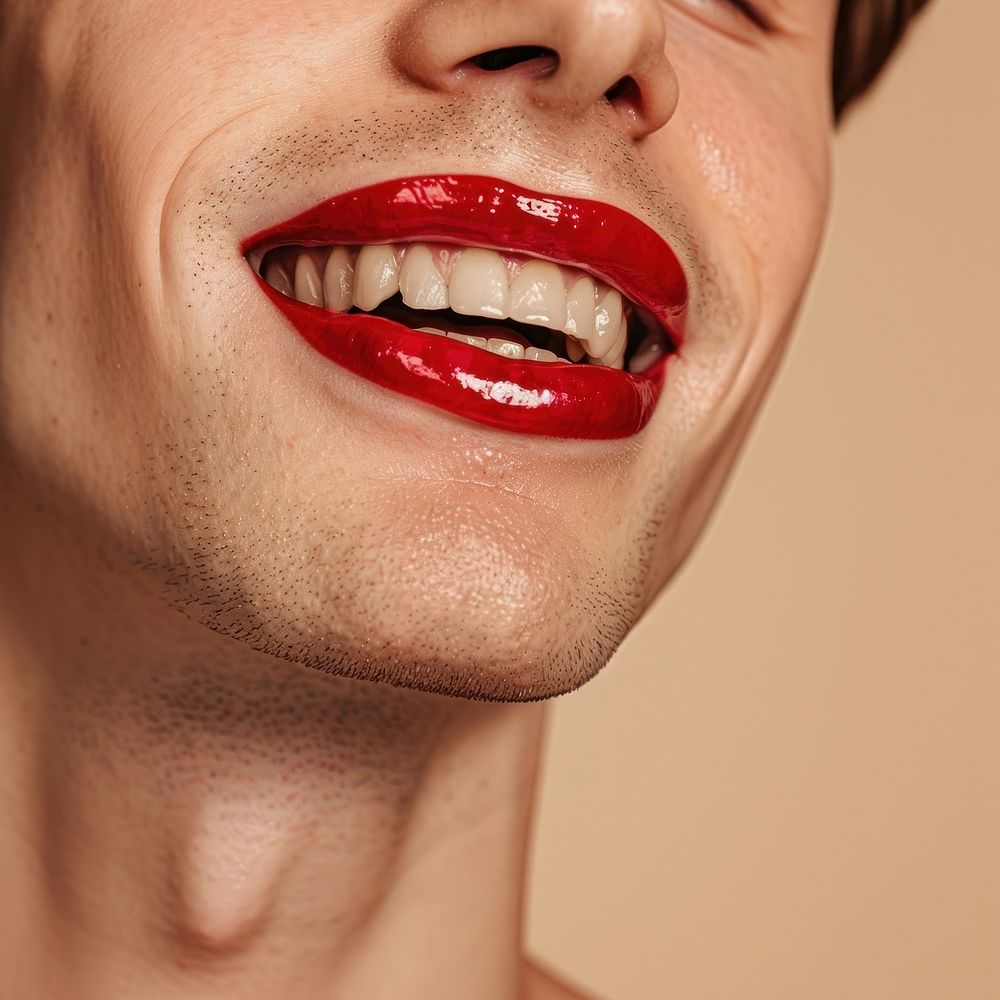 Man with deep red lips happy smile person.