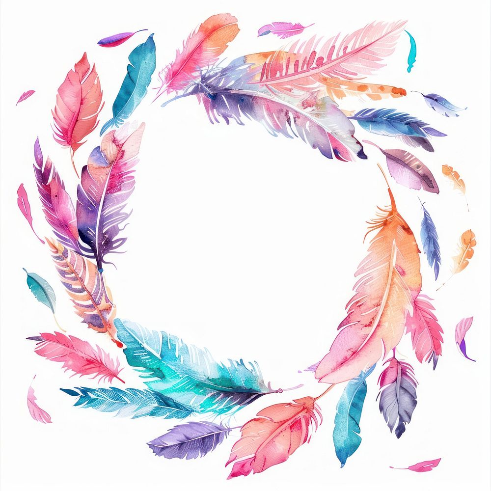 Watercolor boho feathers wreath art graphics painting.