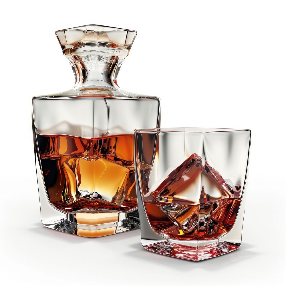 Glass of whiskey with ice and a square decanter glass cosmetics beverage.