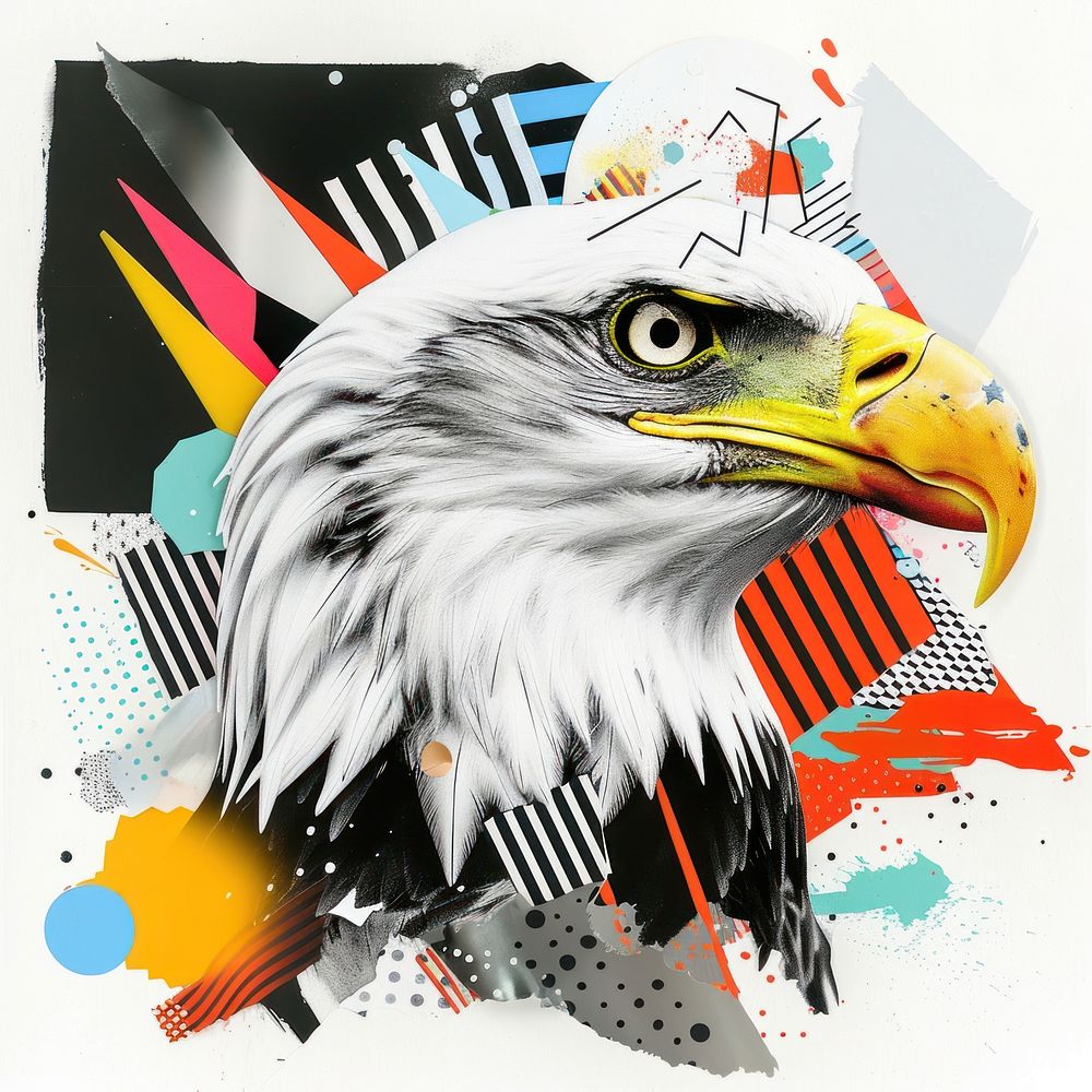 Paper collage of eagle painting animal beak.