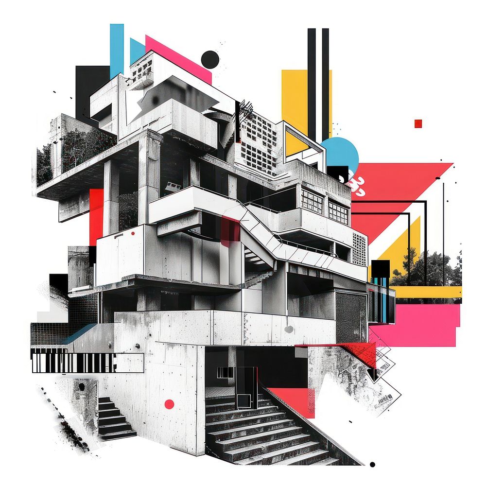 Paper collage of architecture staircase building housing.