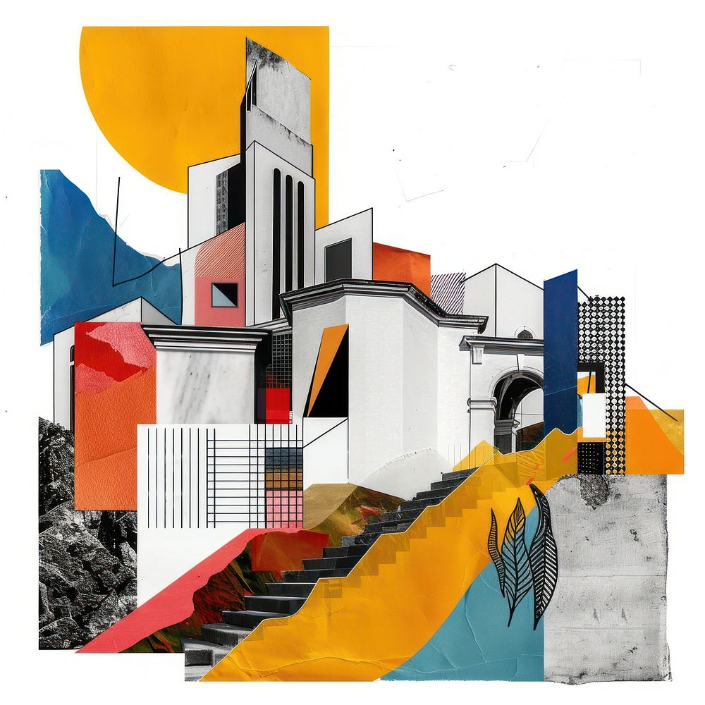 Paper collage of architecture staircase painting building.