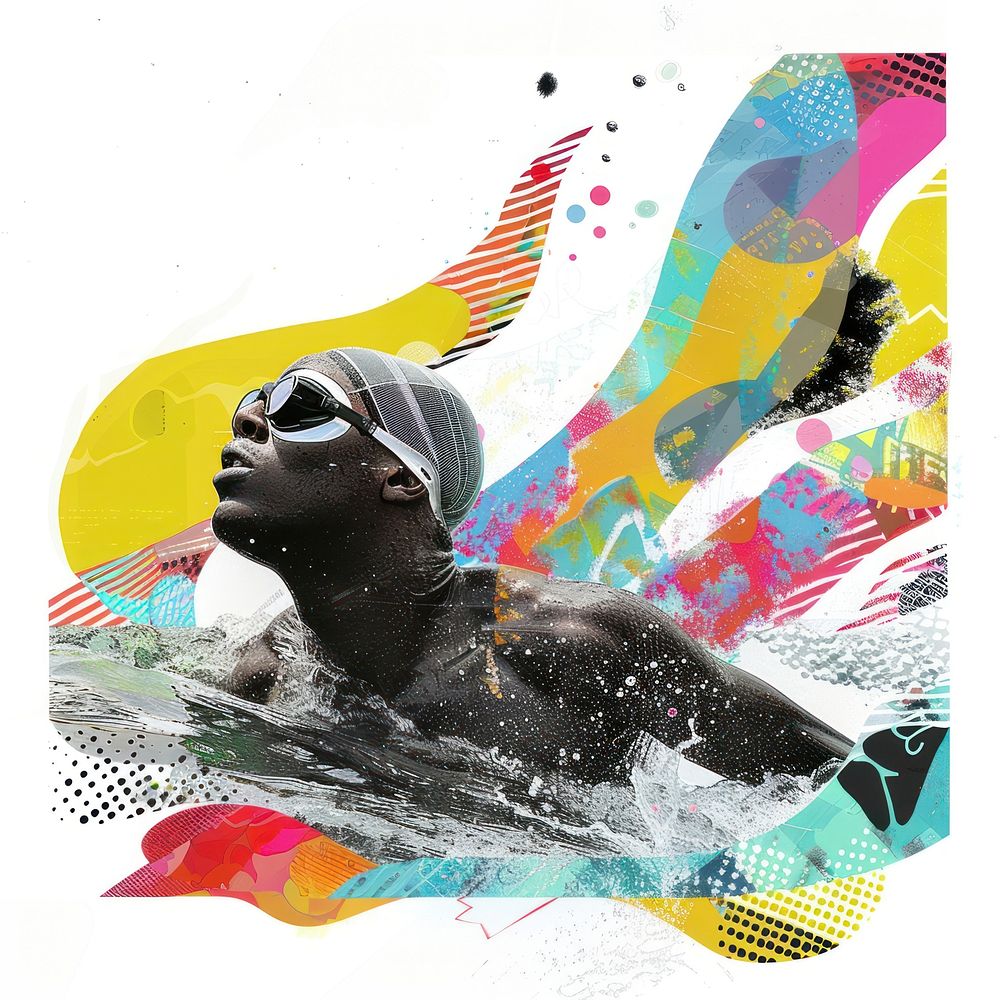 Paper collage of person swimming advertisement recreation clothing.
