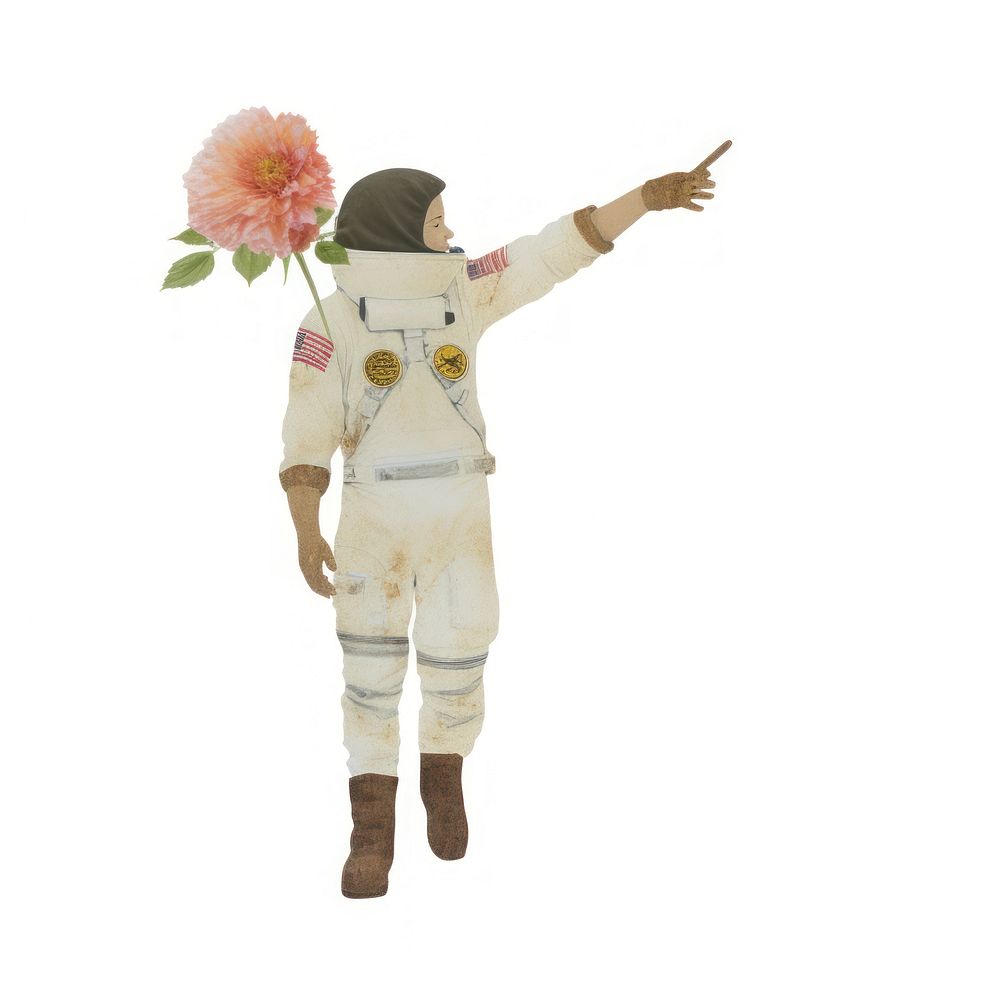 Astronaut holding flower plant white background scarecrow.