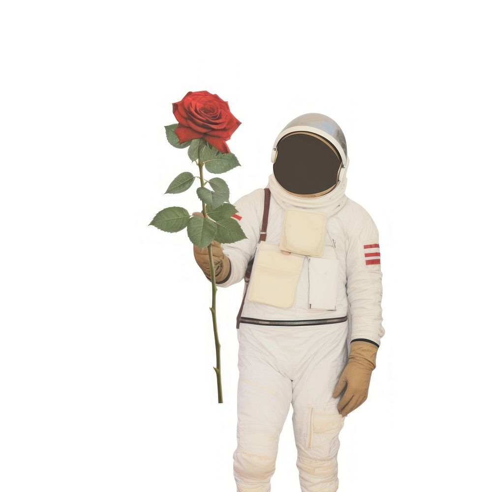 Astronaut holding flower plant adult rose.