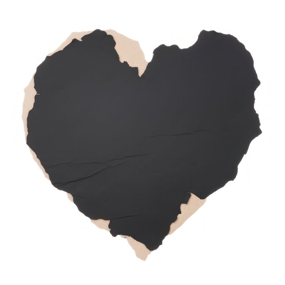 Black heart shape ripped paper white background textured eggshell.