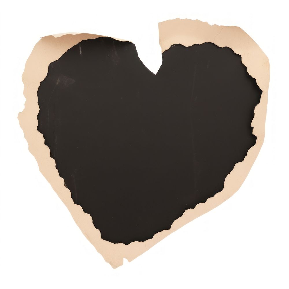 Black heart shape ripped paper white background weathered textured.