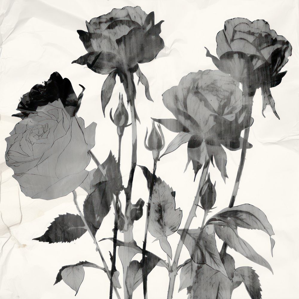 Black roses drawing flowers on ripped paper sketch plant white.