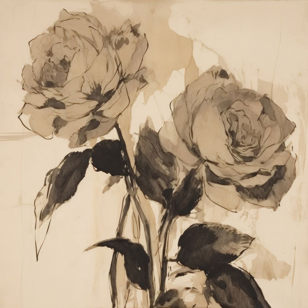 Black roses drawing flowers on ripped paper painting sketch plant.
