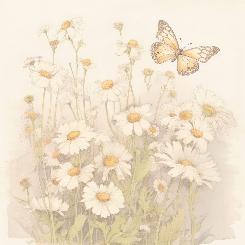 Small daisies with butterflies drawing flowers on ripped paper painting pattern plant.