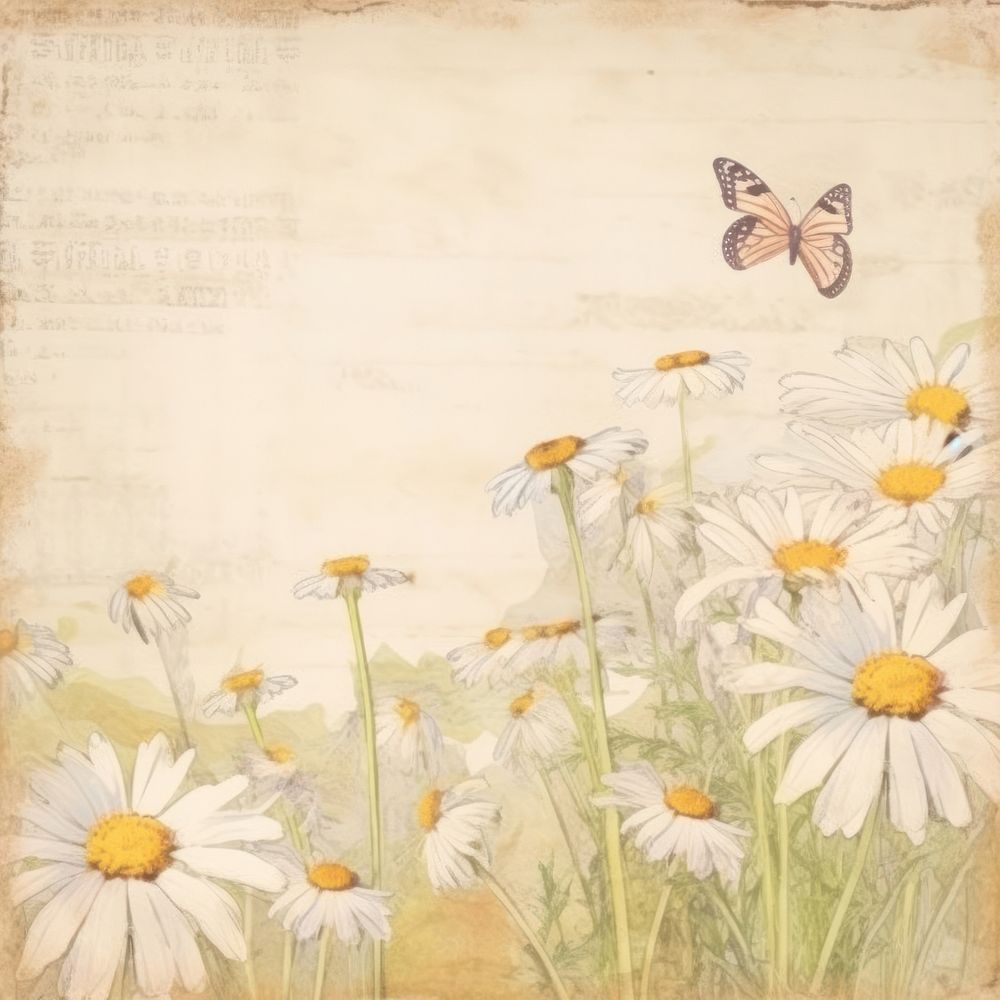 Small daisies with butterflies drawing flowers on ripped paper backgrounds plant daisy.
