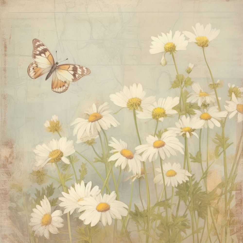 Small daisies with butterflies drawing flowers on ripped paper backgrounds painting petal.