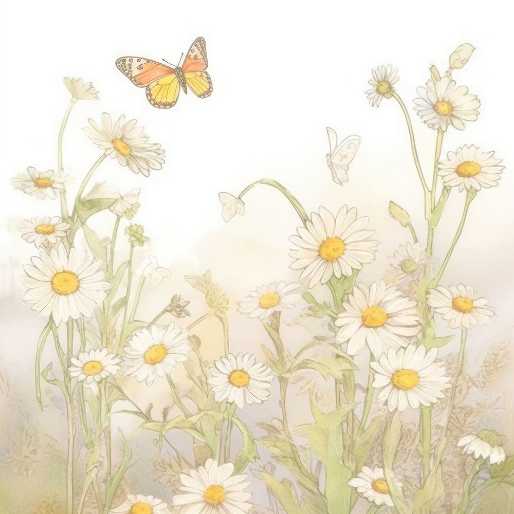 Small daisies with butterflies drawing flowers on ripped paper backgrounds pattern plant.