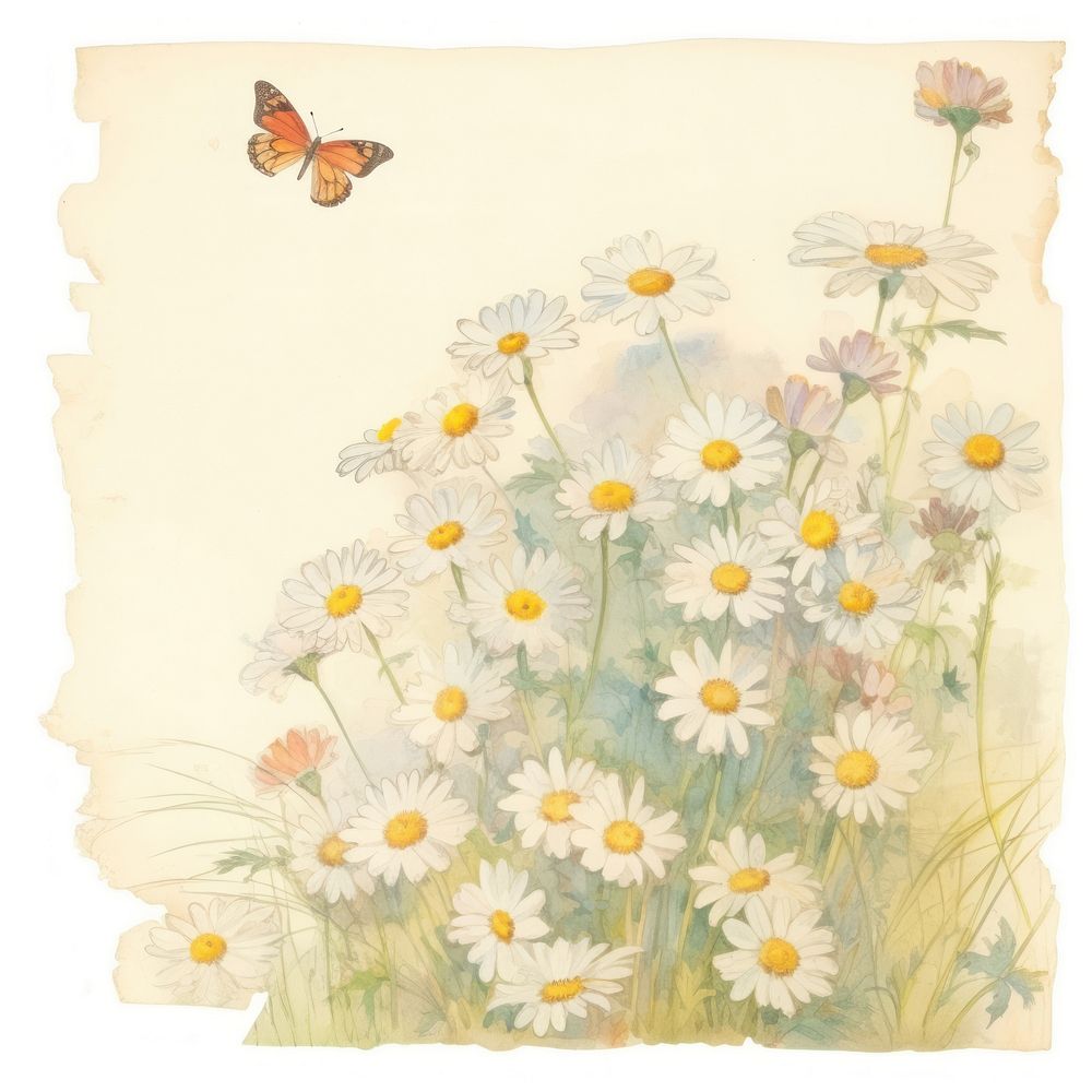 Small daisies with butterflies drawing flowers on ripped paper painting plant petal.