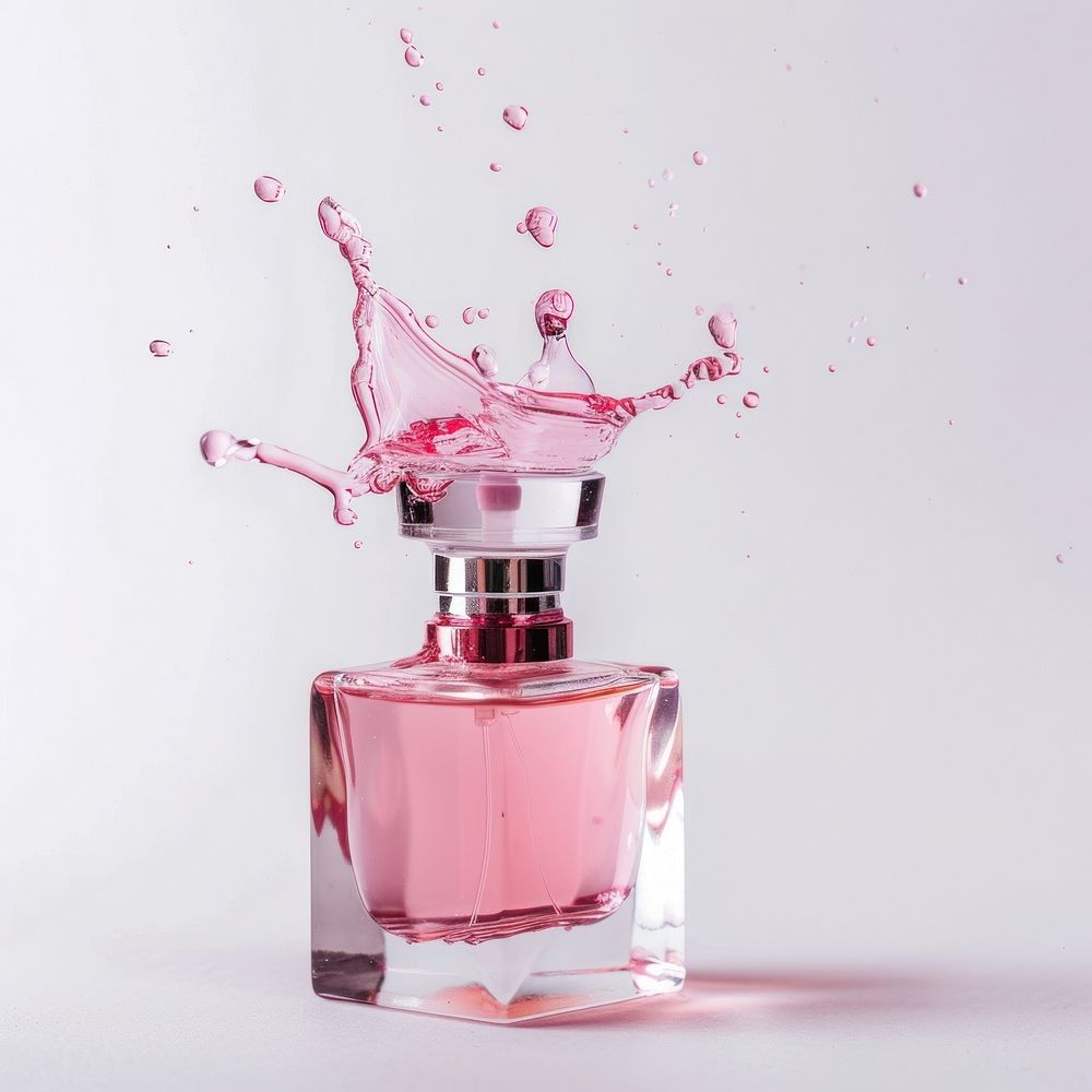 Pink perfume bottle with simple splash floating in the air cosmetics.