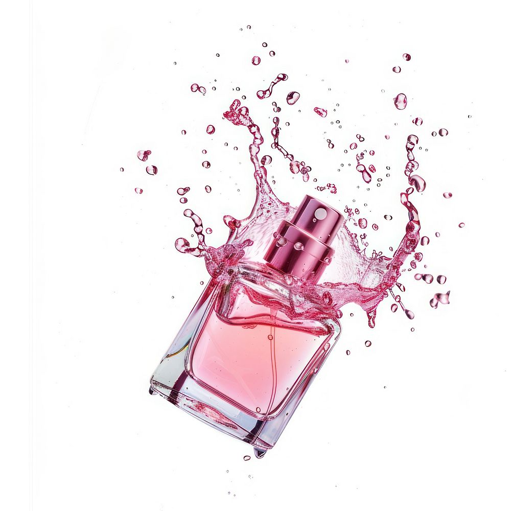 Pink perfume bottle with splash floating in the air accessories cosmetics accessory.