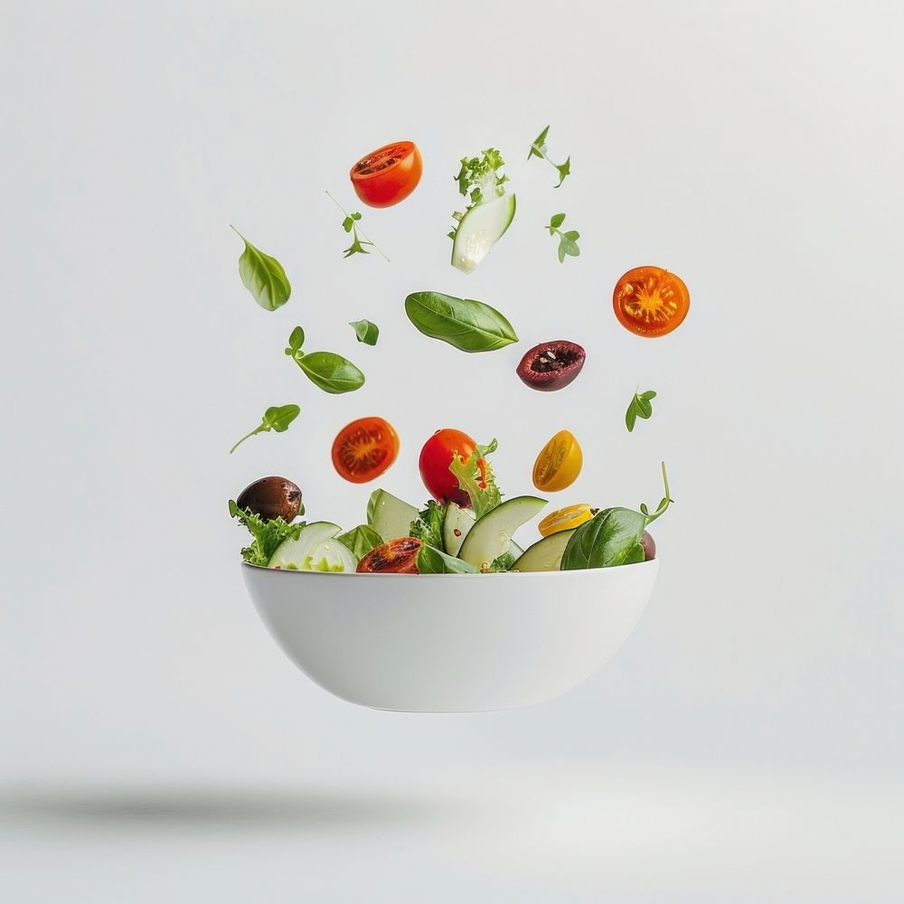 Vegetable salad in a white bowl floats in the air plant food food presentation.