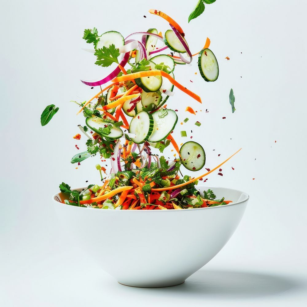Vegetable salad in a white bowl floats in the air plant food food presentation.