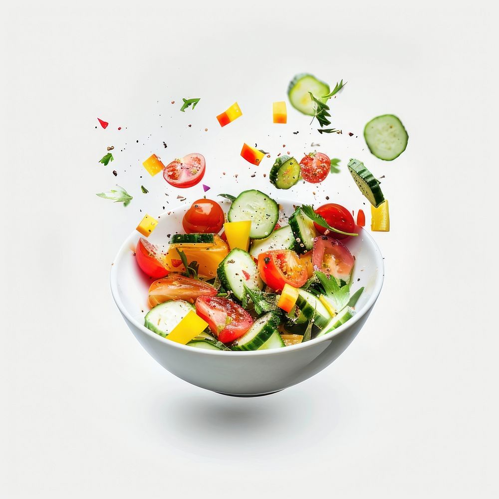 Vegetable salad in a white bowl floats in the air vegetable cucumber produce.