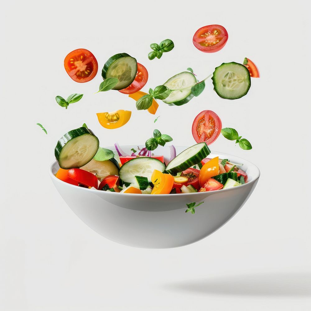 Vegetable salad in a white bowl floats in the air vegetable cucumber produce.