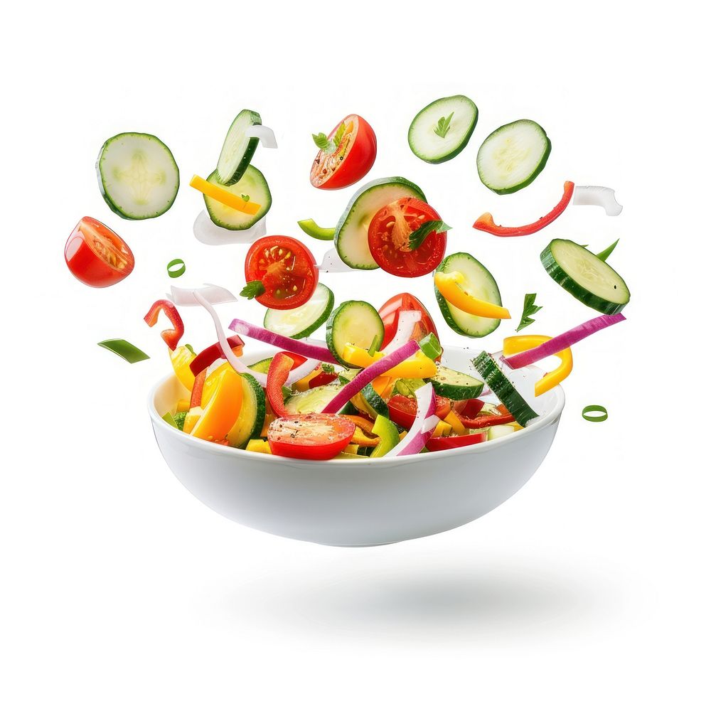 Vegetable salad in a white bowl floats in the air weaponry cooking produce.
