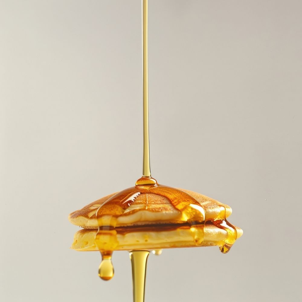 A drop of maple syrup was slowly dripping onto the pancake chandelier seasoning honey.
