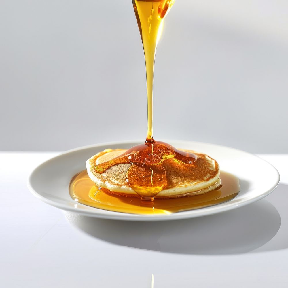 A drop of maple syrup was slowly dripping onto the pancake cooking plate food.