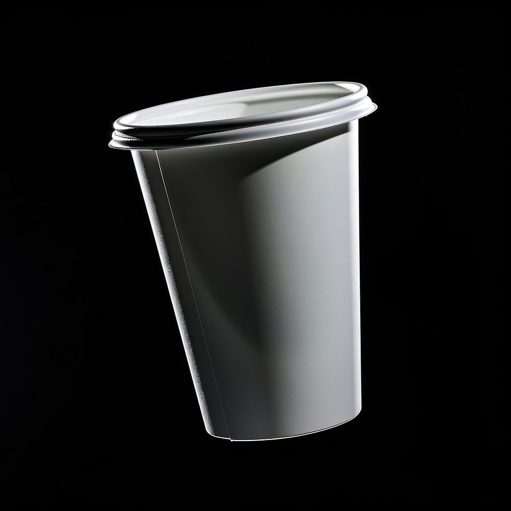 Plastic cup with white label black black background disposable.