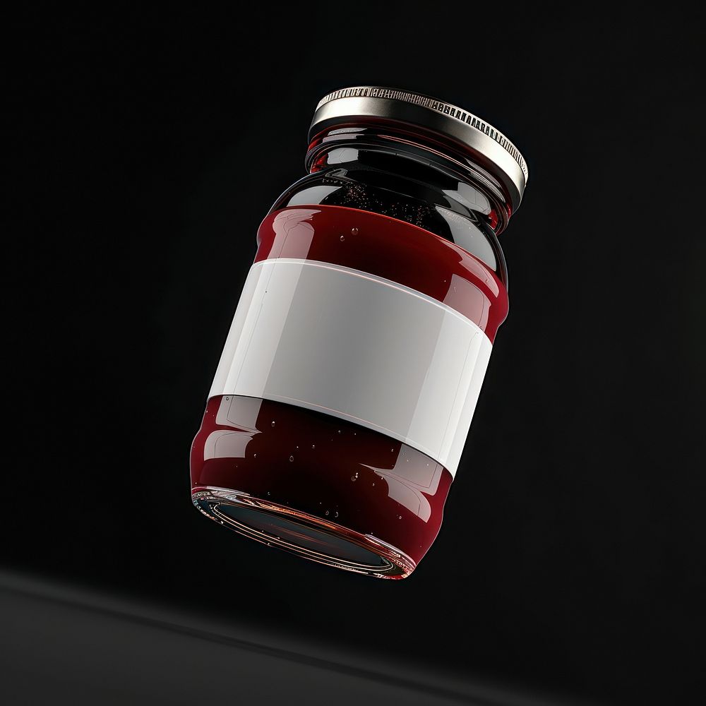 Red jam jar with white label black black background container.