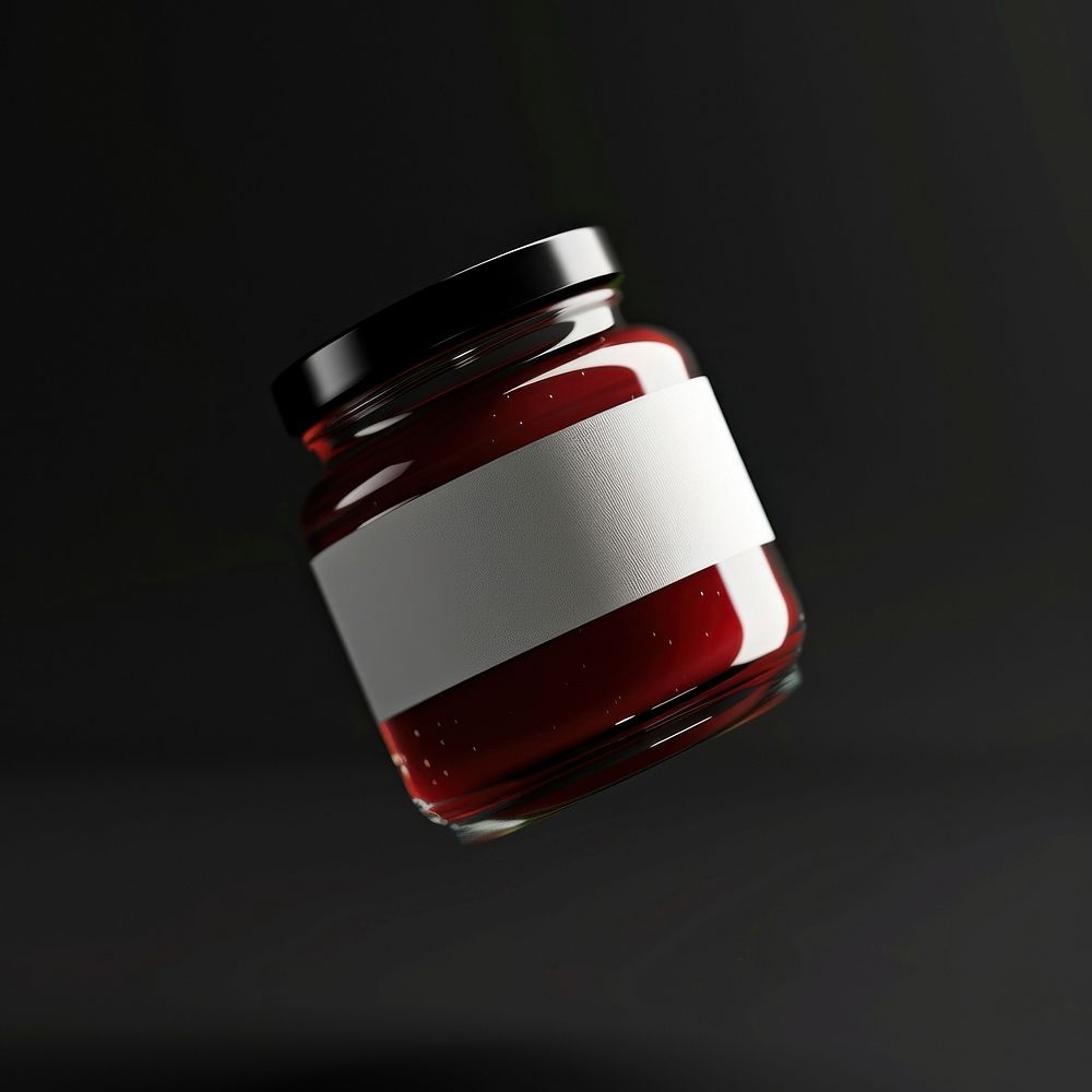 Red jam jar with white label black background refreshment container.