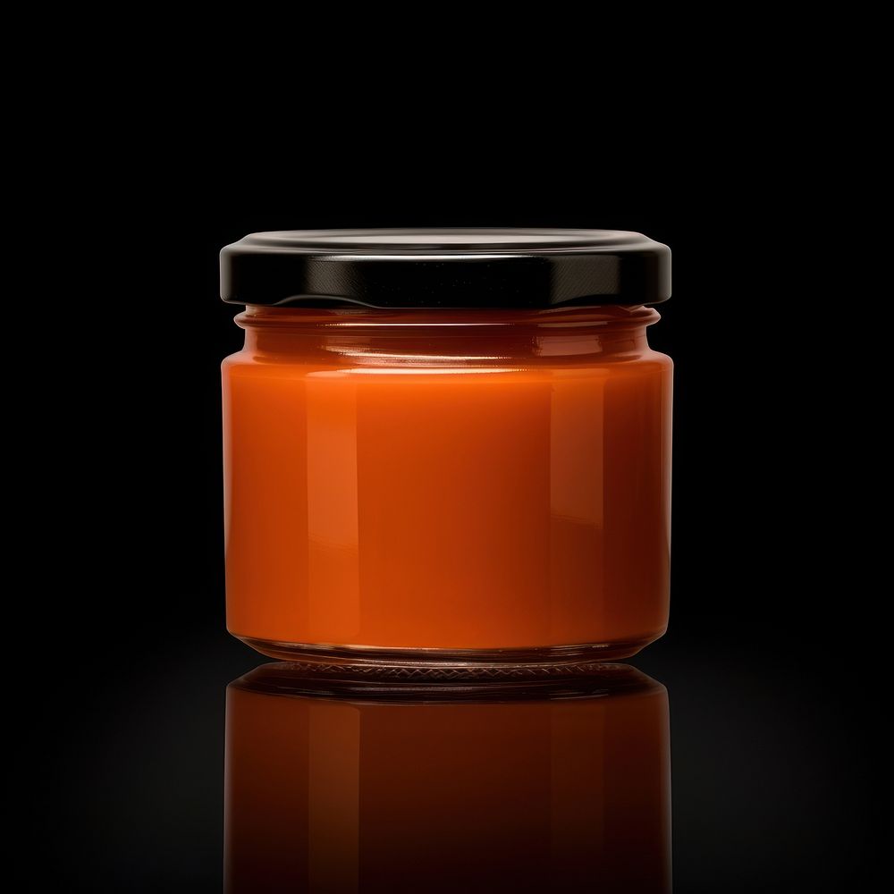 Orange jam jar mockup food black background freshness.