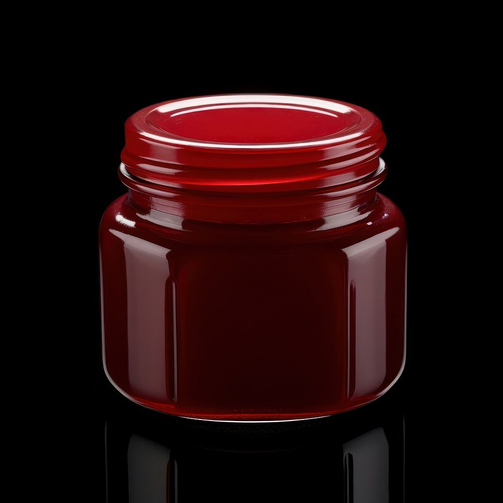 Red jam jar mockup bottle black background container.