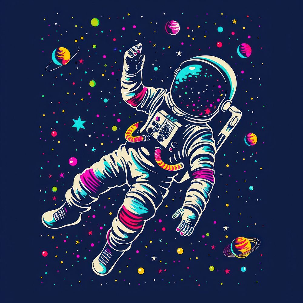 Astronaut spaceguy in out space graphics art advertisement.