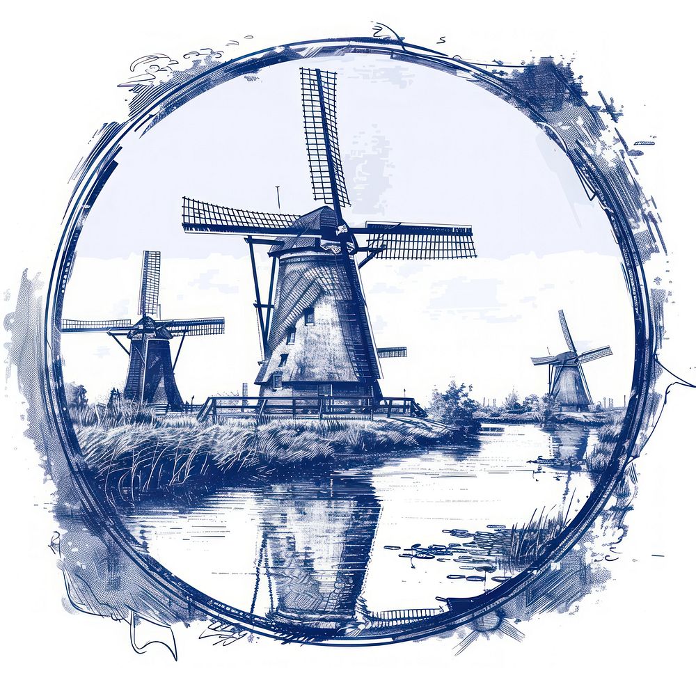 Circle frame of Windmills in Kinderdijk windmill photography outdoors.