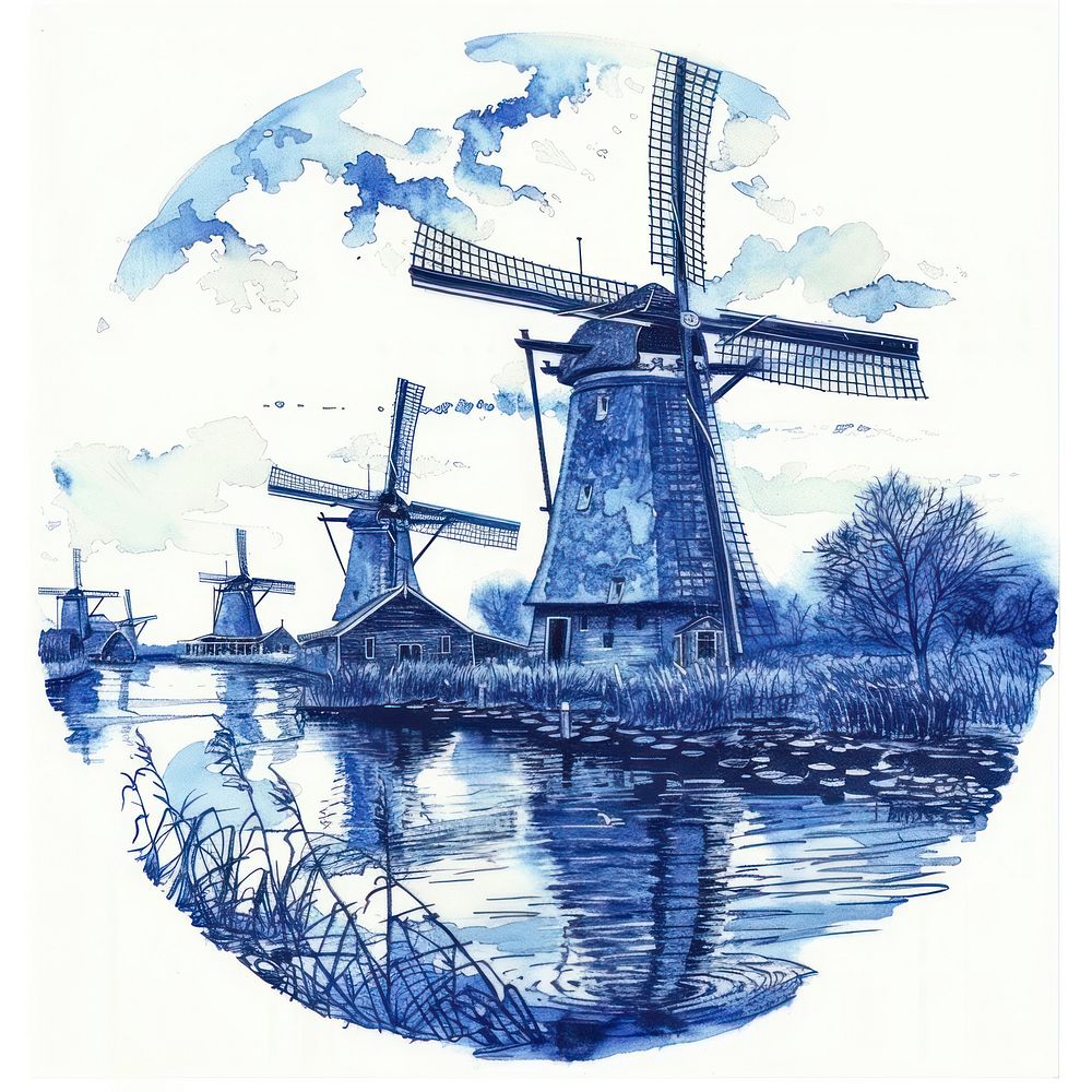 Circle frame of Windmills in Kinderdijk windmill outdoors painting.